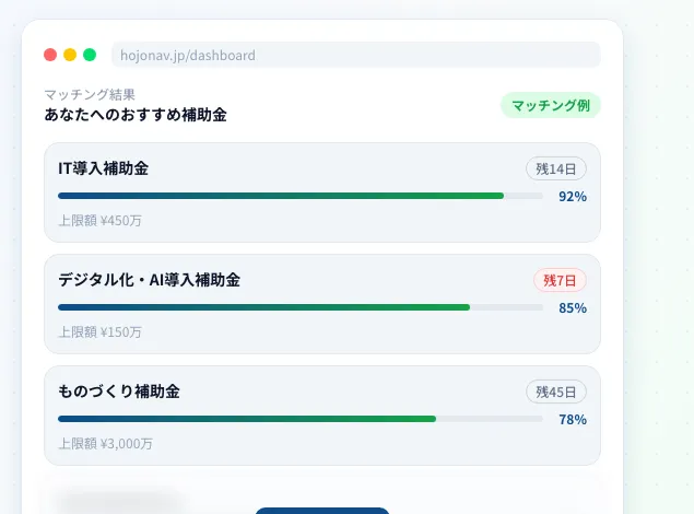 HojoNav — 補助金マッチング結果の画面（マッチング例）